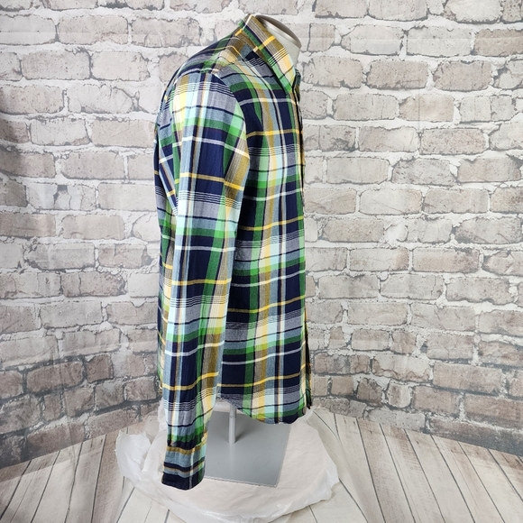 J.Crew Button Front Plaid Shirt Tailored Fit Cotton Blue Green Yellow Size Large - Picture 9 of 11